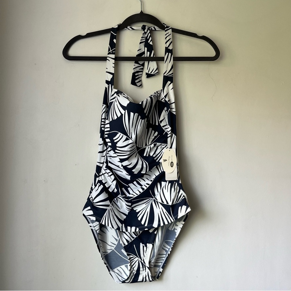 Tommy Bahama Blue Floating Fronds Shirred Front Halter One Piece Swimsuit 8 NWT